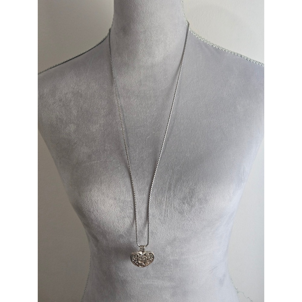 Brighton Contempo Heart Badge Silver Tone Filigree Pendant Wheat Chain Necklace